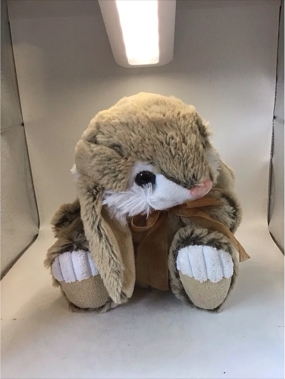 Toms Toy Int’l  Lop Bunny Rabbit Frosted Brown Stuffed Plush Bow Pink Nose 7”